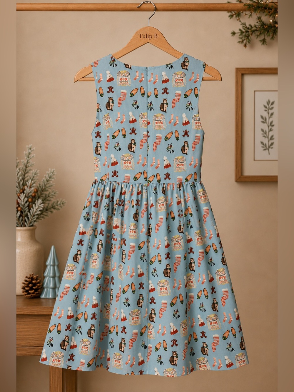 Tulip B Sleeveless Light Blue Holiday Print Midi Dress Cats Socks Sweater Hats - Picture 3 of 7